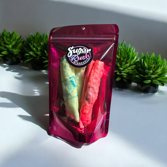 FREEZE DRIED CANDY, SOUR WORMS STUFFED FRUIT ROLL UPS